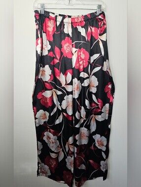 Wide Leg Pajama Pants Elastic Waist Floral Black and Pink Satin Lilac London XXL